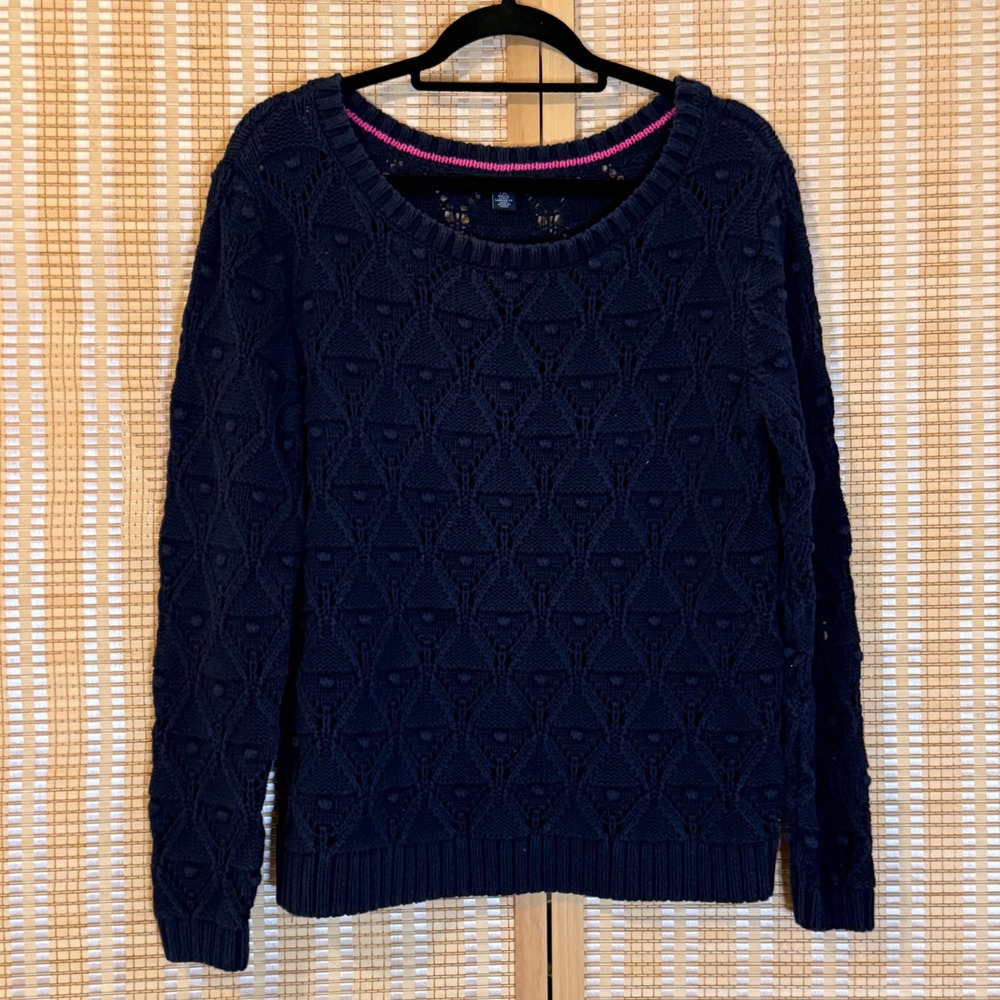 Tommy Hilfiger Navy Blue Cotton Pointelle Diamond Knit Scoop Neck Sweater Large